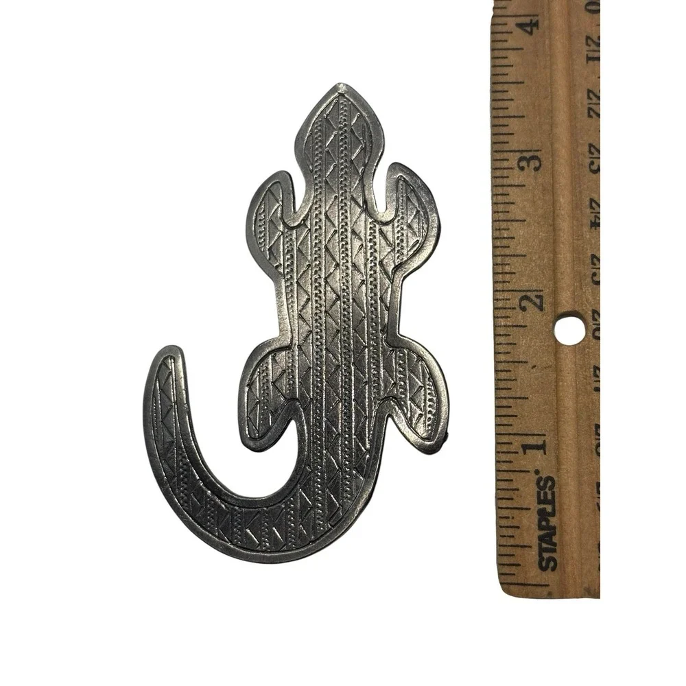 Vintage Silver Tone Textured Etched Geometric Lizard Gecko Statement Brooch Pin